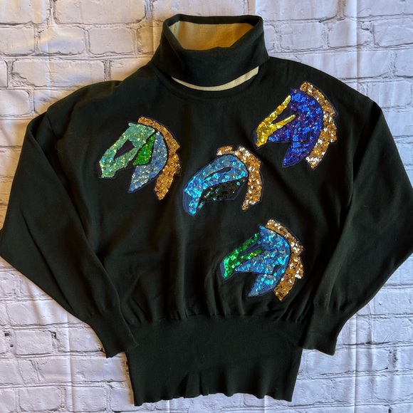 Escada Tops - Vintage Escada by Margaretha Ley Wool Turtleneck Sweater Sequin Horseheads.